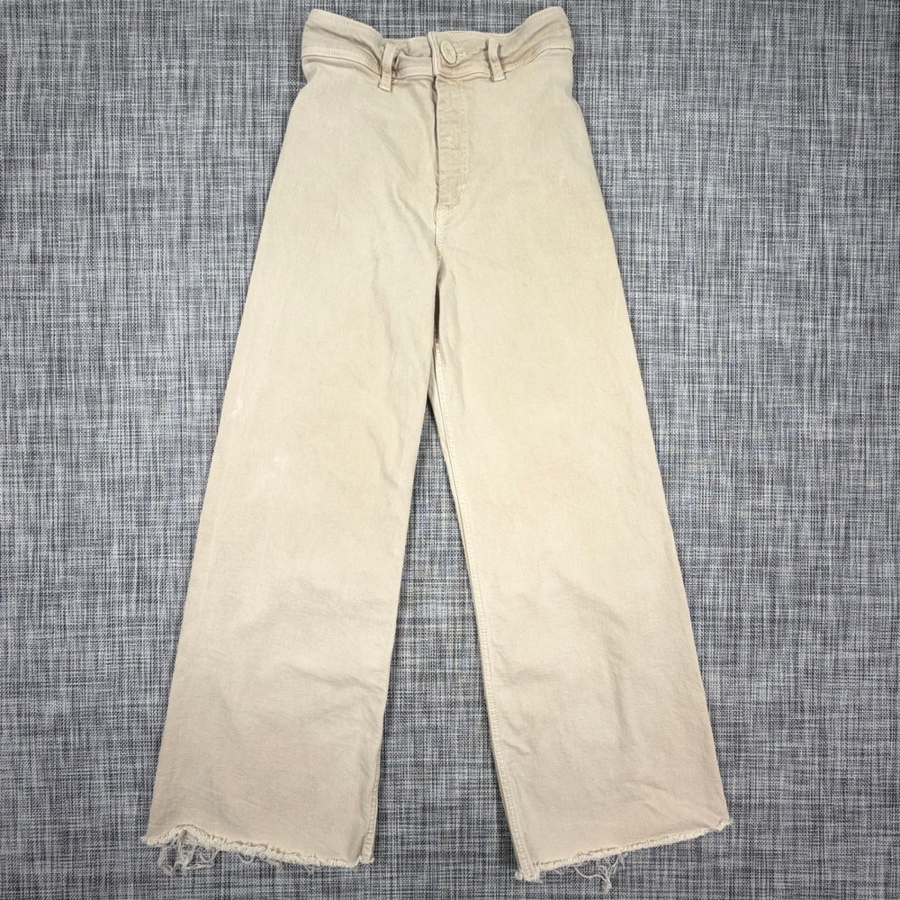 Zara Womens Wide Leg Pants US 4 Beige High Rise Stretch Denim Raw Hem Cropped